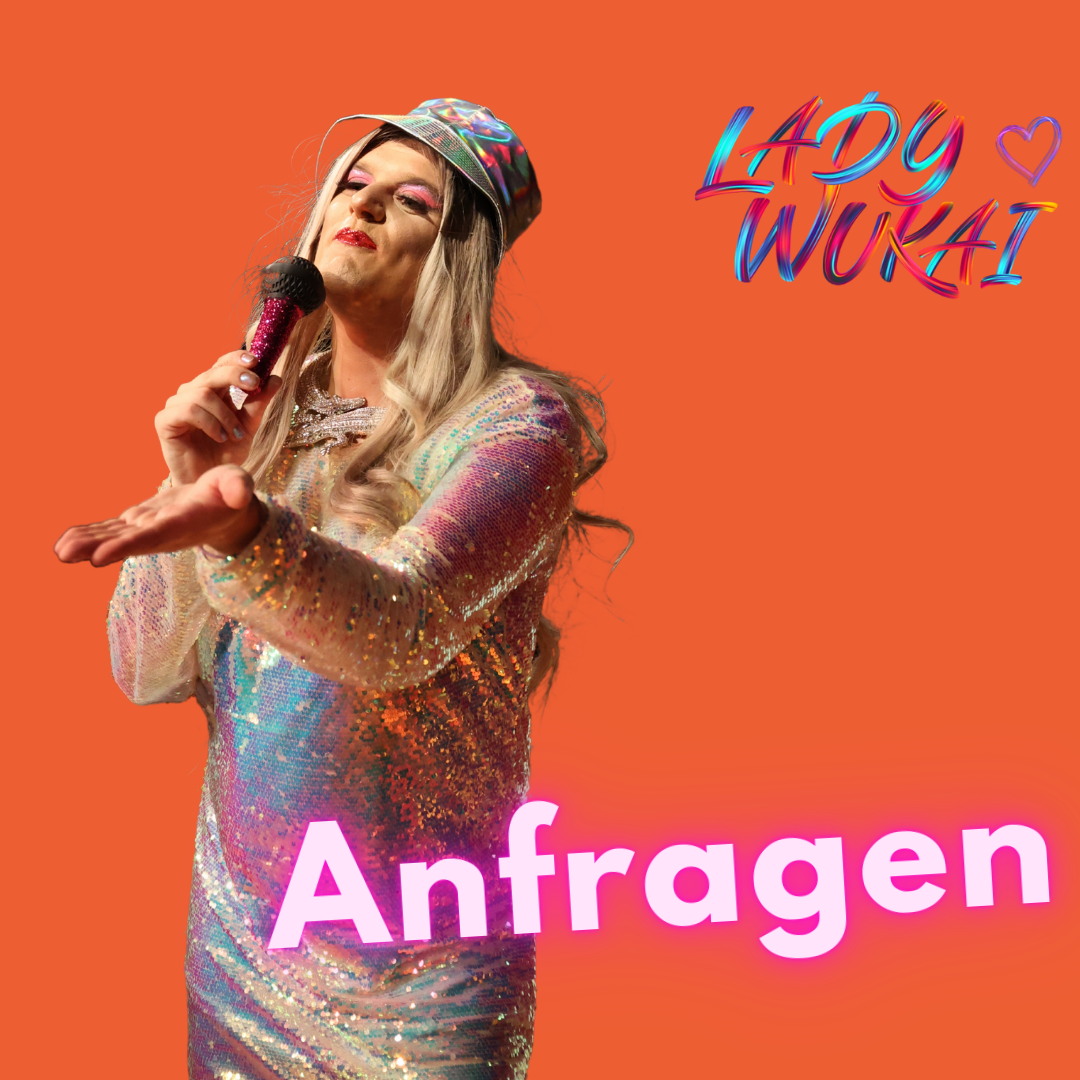 Oranger hintergrund mit Lady Wukai in schimmernder Kleiung welche die Hand fordernd ausstreckt